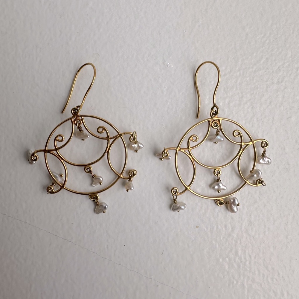 Gold Chandelier Earrings with Pearl Tassels